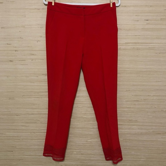ERIC Red Women's Crochet Hem Office Dress Ankle Pant Trousers Size 6 - Picture 1 of 10